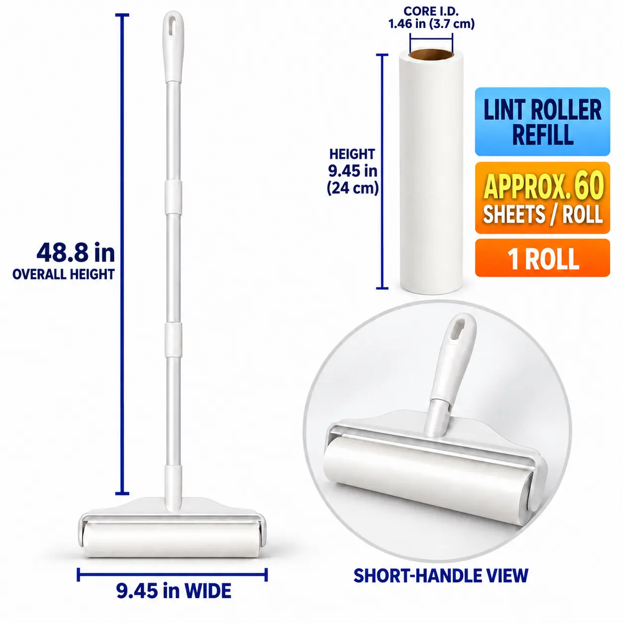 Super-Sticky Pet Hair Lint Roller, Home Cleaning Tool with 6.3/7.48/9.45in Wide Head, 3 Adjustable Lengths, 48.8in Extendable Handle, Dust-Proof Cover, Easy Tear-Off Design for Couch, Bedding
