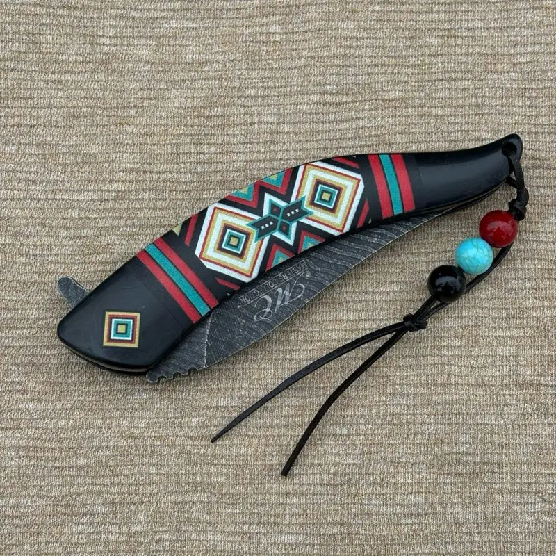 Folding pocket knife camping outdoors camping Whittling Navajo style black feather