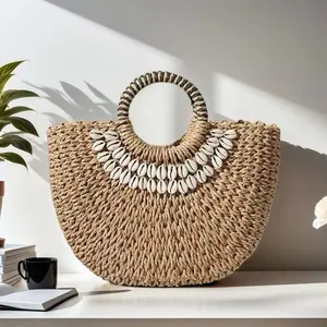 Seashell-Embellished Woven Straw Handbag