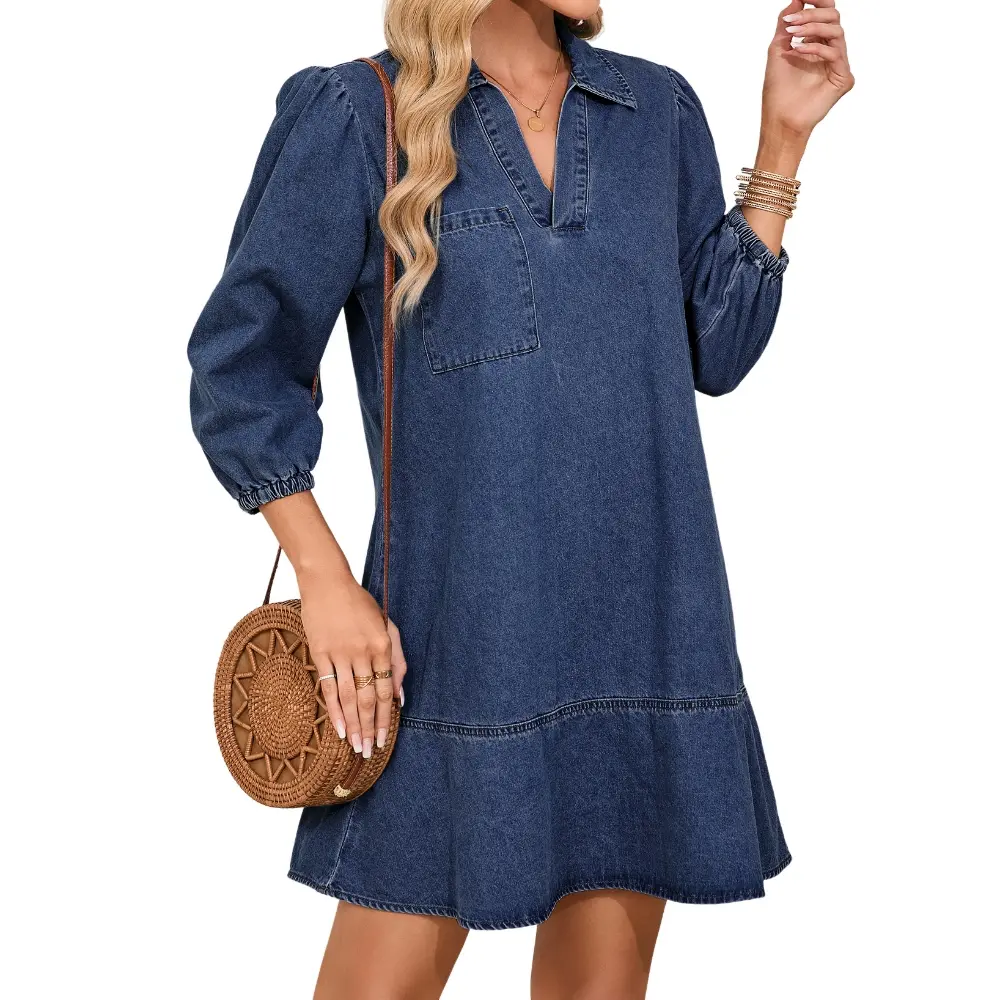 Dokotoo Denim Dress for Women Fashion Fall Casual Babydoll 2026 V Neck 3/4 Puff Sleeve Jean Dresses Dokotoo Denim Dress for Women Fashion Fall Casual Babydoll 2026 V Neck 3/4 Puff Sleeve Jean Dresses