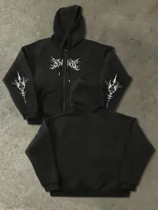 Dark Thorn Metal Print Hoodie, Cotton Comfortable Oversized Loose Fit, High Street Subculture Style, Casual Fall Winter Jacket