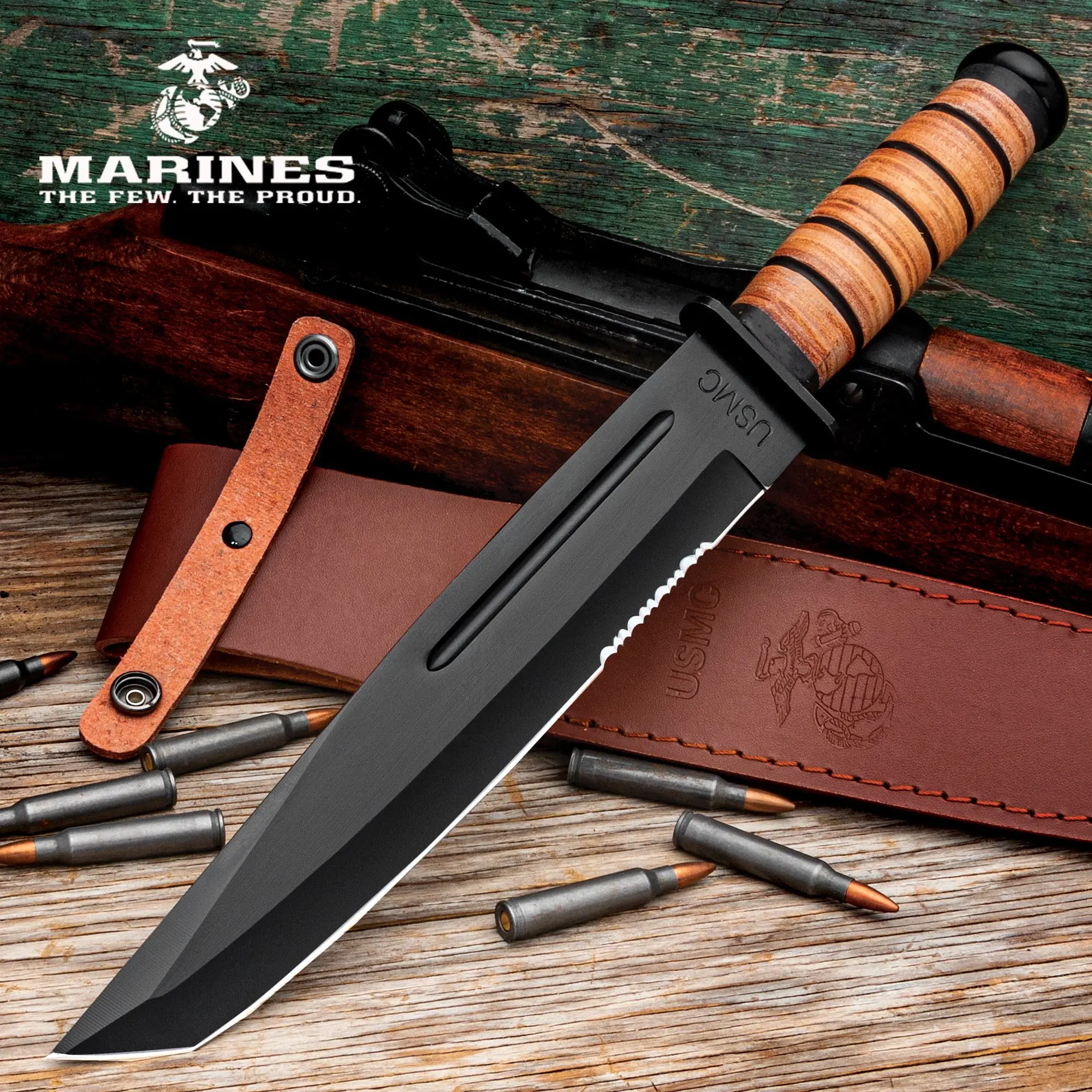 USMC Tanto Survival Machete And Sheath - Stainless Steel Blade, Stacked Leather Handle - Length 14 1/4”