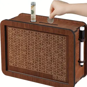 Wooden Money Box with Money Target And Numbers, Money Bank for Adults, Cash Saver Box Money Bank