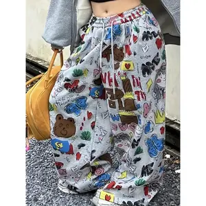 Women’s Plus Size New Sweatpants, Loose Fit Slimming Wide Leg Pants, Elastic Waist, Cartoon Graffiti Print, Casual Fashion Loungewear