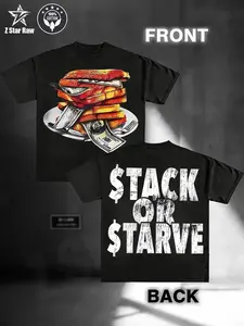 Stack or Starve Graphic Cotton T-Shirt for Men – Bold Dollar Bill Print, Red Crew Neck Tee, Casual & Versatile, Unisex Design, Perfect for Casual Attire or Travel, Allseason Apparel | Unisex Fashion | Smooth Texture Tee boys merch