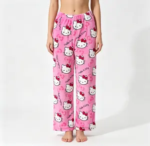 Sanrio Hello Kitty Flannel Sleep Pajama Pants Soft Kawaii Casual Loungewear Bottoms for Girls & Women