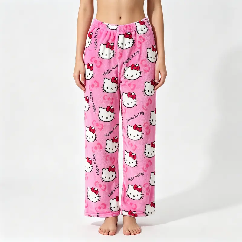 Sanrio Hello Kitty Flannel Sleep Pajama Pants - Soft Kawaii Cartoon Style Nightwear for Women, Cute Pajamas, Home Outfits for Relaxation, Kitty Print, Chilly Nights