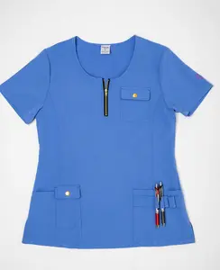 CIEL BLUE ZIPPERED WOMENS MEDICAL SCRUB TOP