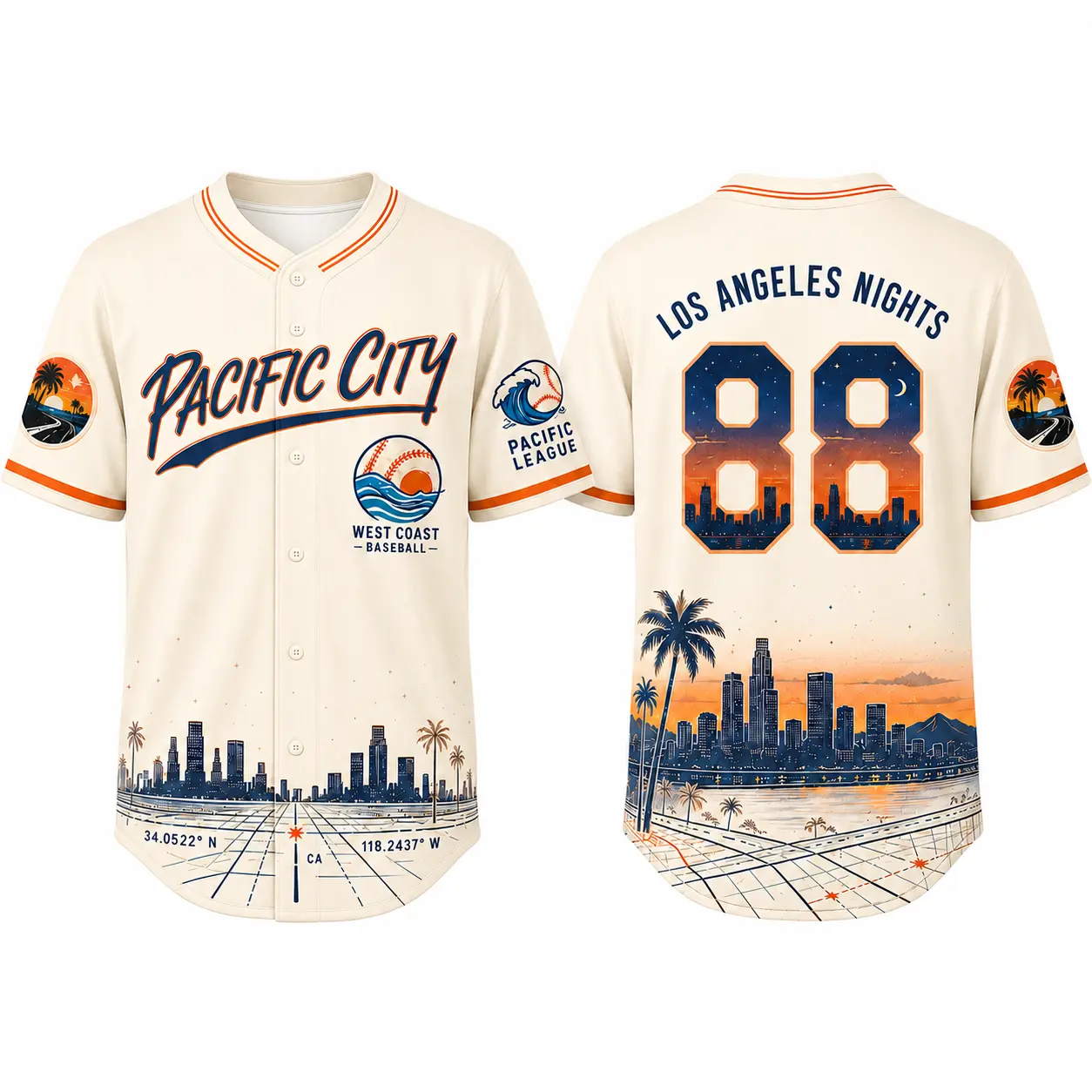 Men's & Women's Pacific Coast Sunset Graphic Print Button-Down Shirt - Cream Blue Orange Pacific City 88 Skyline, Short Sleeve, Casual Outfits Women, Sporty Chic, Multi-Size S-5XL, Professional Outdoor Top