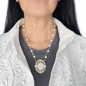 Virgin Mary Cameo Necklace with Natural Pearls – Gold Religious Medal with Sparkling Zirconia – Handmade Fine Jewelry – Spiritual Protection