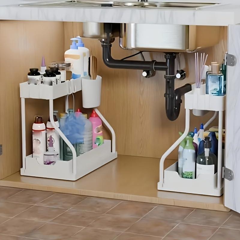 Under Sink Storage Rack, 1 Count 2-layer L-shaped Sliding Under Sink Organizer, Kitchen Accessories for Storing Drawer Organizer, Summer for Gift, Kitchen Gadgets, Kitchen Appliances for New Home Cozy Home Living