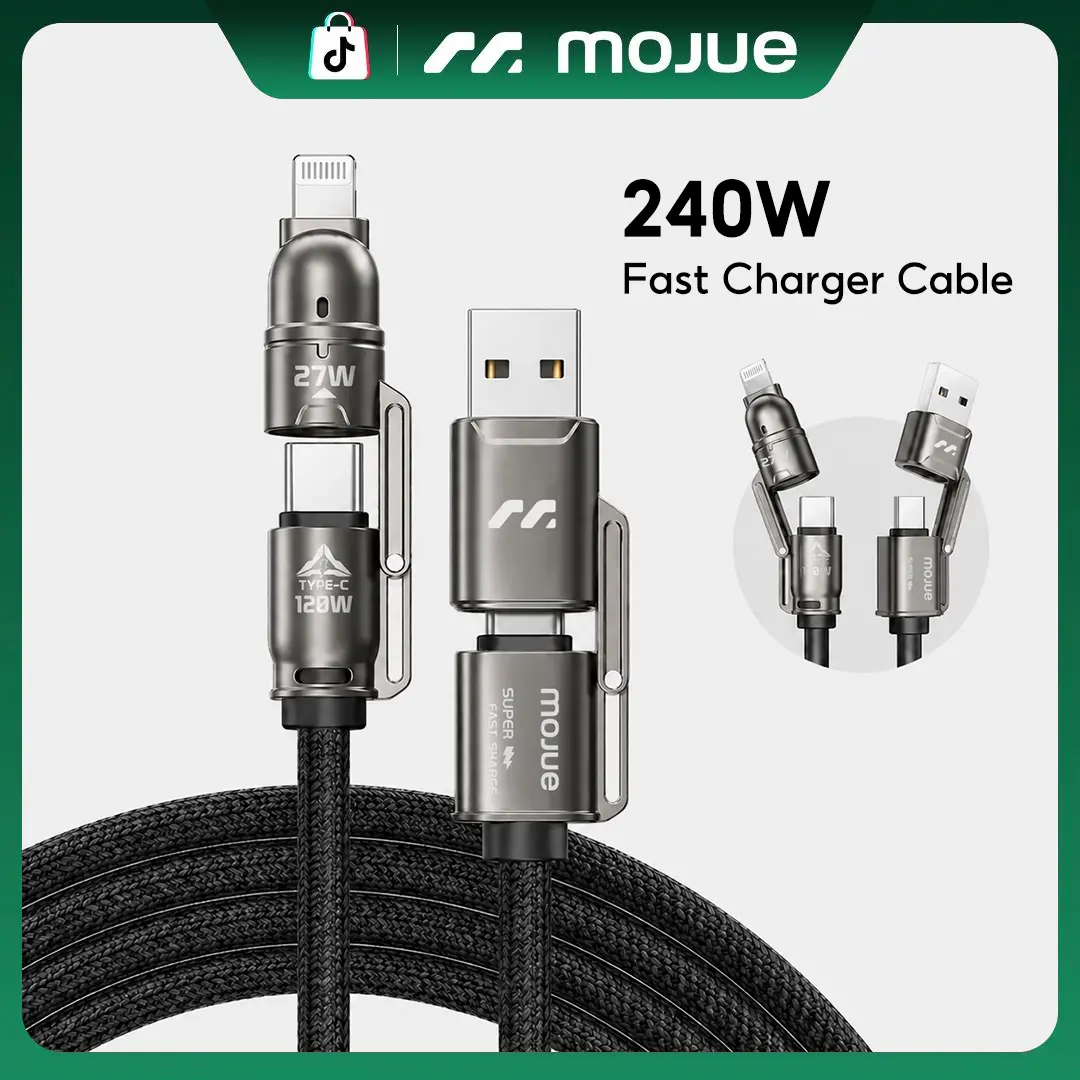 MOJUE 4-in-1 USB-C Fast Charging Cable, 5FT 120W Braided Data Cable with Type-C and Lightning Connectors, USB-A/USB-C Multi Charging Cord, Gray, Compatible with iPhone 17/16/15/14/13/12, iPad, AirPods, Samsung S25 and More