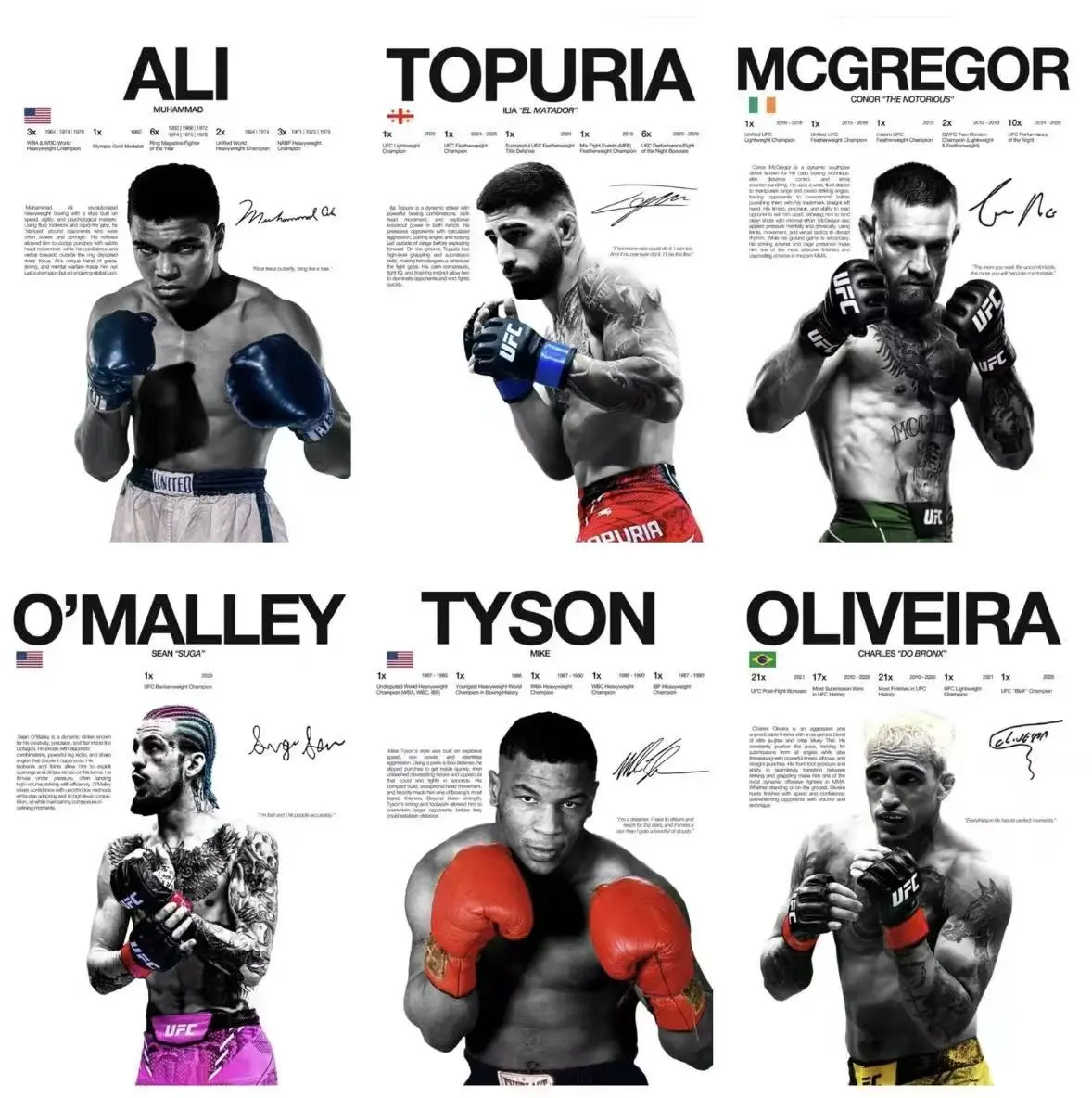 UFC Boxing Legend Champion Complete SeriesCollectible Canvas Poster, Tyson, Ali, Conor,Oliveira Fighters, Vintage Black and WhiteSigned Style Wall Art, Perfect for Men's Gym,Bedroom, Dorm, A Must-Have Collection forMMA and Boxing F