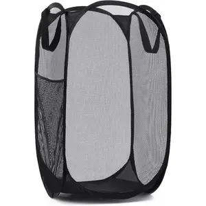 Collapsible Mesh Hamper, Mesh Laundry Basket, Breathable & Sturdy Clothes Storage Basket with Side Pocket, Space Saving Design for Clothes & Storage