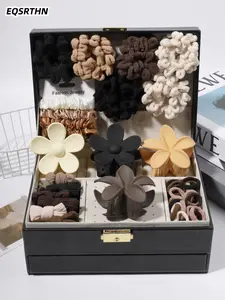 75pcs Morandi Brown, Black and White hair accessory gift box, including hair bands and flower clips, multi-piece set, high-end matte texture, daily commuting versatile headwear, light luxury gift box packaging, multi-category suitable for various hairstyl