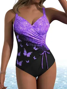 Women's Sexy Plus Size Butterfly Print One-Piece Swimsuit Bodysuit, Casual Striped Monokini, Fitted Stretchy Swimwear for Summer Beach, Sequin Swimsuits Ocean