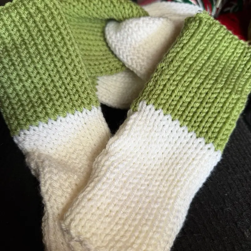 Ear Warmer and Fingerless Mittens Mid Green and White Very Soft Knitted Gloves for Winter