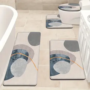 3pcs/4pcs Simple White Background Irregular Rhombus Black Half-Circle Pattern Bathroom Mat Set, Highly Absorbent, Includes U-Shaped Toilet Pad Suitable for Kitchen, Bathroom Decor, Bath Mat, Bedroom Rug, Outdoor Entrance Carpet, Laundry Area Rug