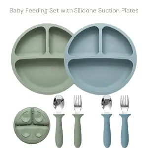 Baby Feeding Set with Silicone Suction Plates, Spoons & Forks BPA Free Baby Led Weaning Supplies Birthday Gift