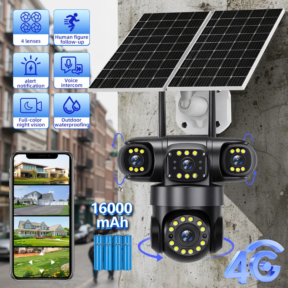 Rechargeable 4G Solar Outdoor Security Camera - 4-Lens Pan-Tilt PTZ Camera with Human Tracking, 2-Way Audio, Full-Color Night Vision, Waterproof Surveillance Device with Speaker & Lights