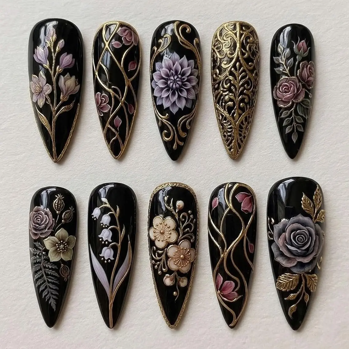 Gothic Floral Press On Nails, Hand Painted Rose Nails, Luxury Black Gold Nails, Handmade Fake Nails, Vintage Glam Nails