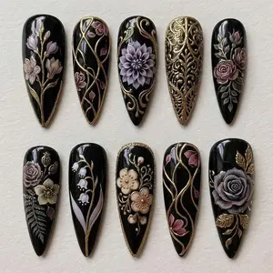 Gothic Floral Press On Nails, Hand Painted Rose Nails, Luxury Black Gold Nails, Handmade Fake Nails, Vintage Glam Nails