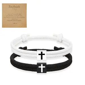 2 Pcs Adjustable Rope Cross Bracelet Braided Christian Bracelet for Men Women Teen Girls Fashion Jesus Bracelets Christian Baptism Gift