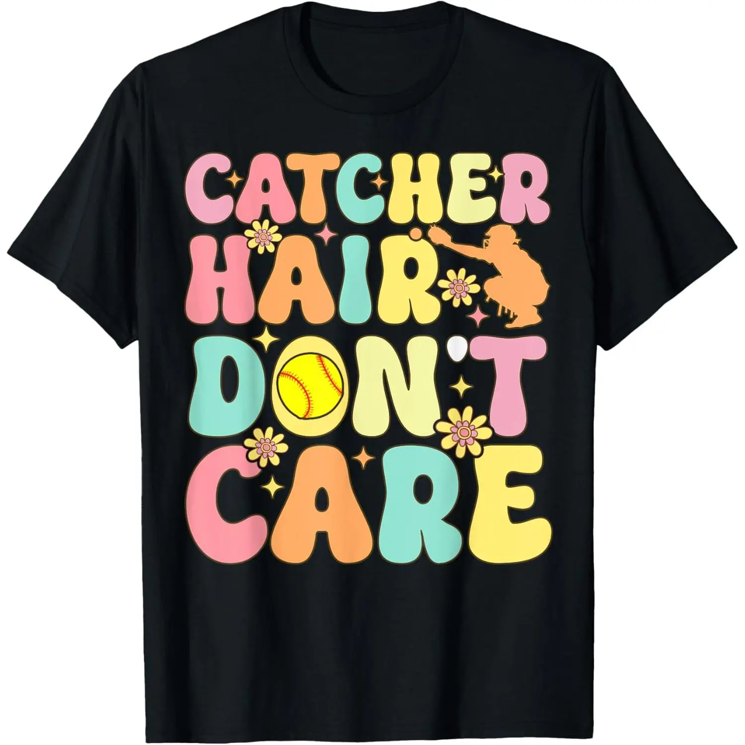 Men's Natural Fabric Fashion Menswear Cotton Short-Sleeve Round Neck T-Shirt - "Catcher Hair Don't Care" Graphic Top for Softball Catchers, Casual Streetwear, Sensitive Skin, Moisture Absorb, Regular Fit, Machine Washable