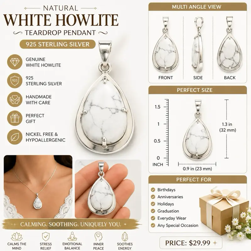 Handmade White Howlite Teardrop Pendant, Natural Look Everyday Wear Jewelry, .925 Sterling Silver Semiprecious Stone Accessory