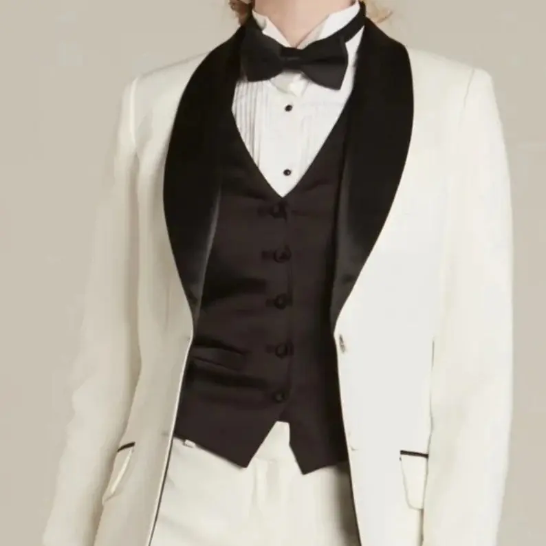 White Women 3 Piece Suit Set Tuxedo Prom bridesmaid Trouser Suit Lesbian Wedding Womens Formal Pant Suit Clothing