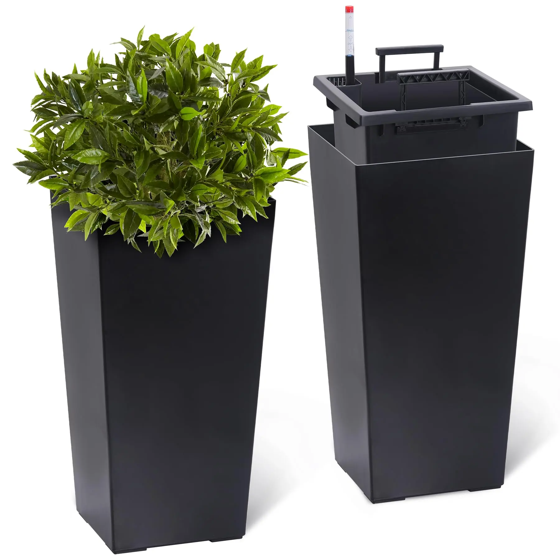 Gaomon 23" Auto-Watering Black Tapered Flower Planters Set of 2, Modern Indoor-Outdoor Black Plastic Pots with Drainage Holes, Water Level Monitor, and Inner Bucket, Black Plastic Pot