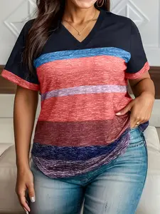 Plus Size Women's V-Neck Colorful Striped Short Sleeve Summer T-Shirt, Loose Fit Slimming Casual Streetwear Top for Everyday Wear Womenswear Lady
