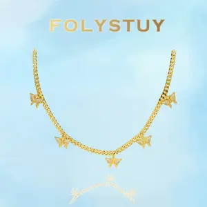 [FOLYSTUY (Y137)]Sparkly Butterfly Cuban Chain Necklace, 0.20" Width 19.6" Length Trendy Fashion Jewelry