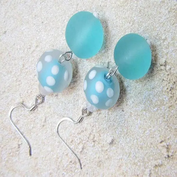 Chic Brico Blue Sea Glass Earrings, Beachy Aqua Blue & White Polka Dot Dangle Earrings