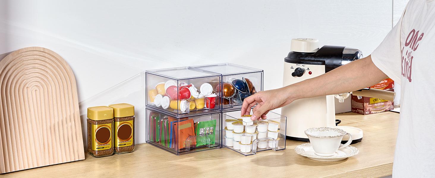 4 Pack Small Clear Stackable Storage Drawers,Acrylic Bathroom Makeup Organizer,Plastic Storage Bins For Vanity, Undersink, Kitchen Cabinets, Pantry, Home Organization