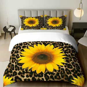 3PCS Duvet Cover Set, 1 Duvet+2 Pillowcases(Without filler), Sunflower Leopard Print theme, Decorative Bedding Set, Nature Inspired, Perfect for Bedroom, Guest Room, Modern Space, Cozy Corner.