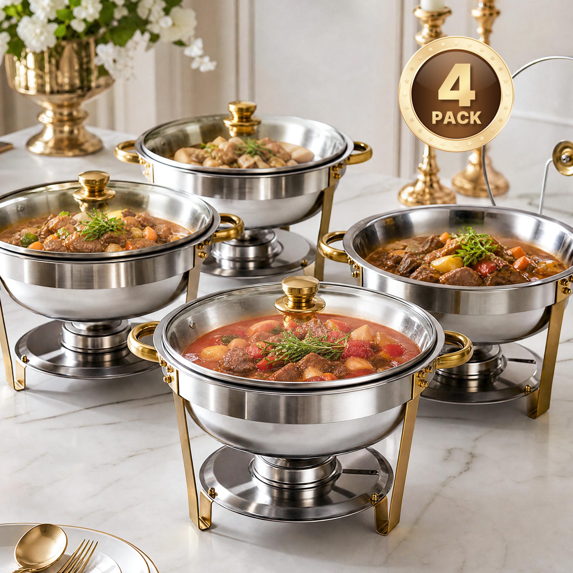 4-Pack Round Chafing Dish Buffet Bakeware Set - Stainless Steel Body with Gold Accents, Glass Lid, Lid Holder; Keeps Food Hot or Cold, Ideal for Catering Events, Family Parties