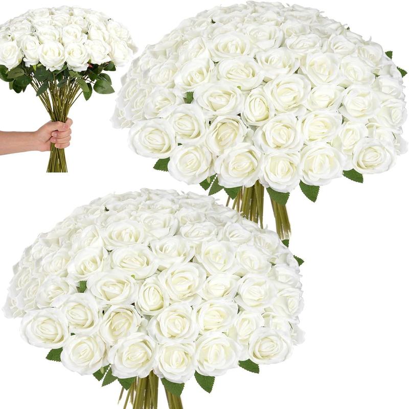 AnYa 12/24/48 pcs Artificial Rose Howers LongStem Fake Silk Roses for DIY Wedding Bouquet Table Centerpiece HomeDecor, Realistic Silk White Roses, Suitable for Valentine’s Day, Mother’s Day, Halloween, Christmas, Floral Arrangements & Home Decor
