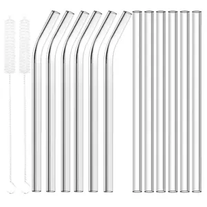 12 Pack Reusable Glass Straws Clear Drinking Straw 8.5"x10mm, 6 Straight + 6 Bent Glass Straw with 2 Cleaning Brush for Hot/Frozen Drinks, Cocktail Smoothies Tea Milkshakes, Dishwasher Safe