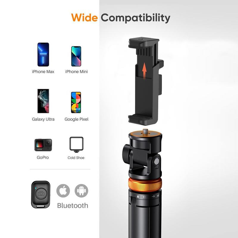 61" Phone Tripod for iPhone/Android & Selfie Stick with Remote, Upgraded Stand, Compatible with iPhone 16/15/14/13, Travel-Friendly & Stable
