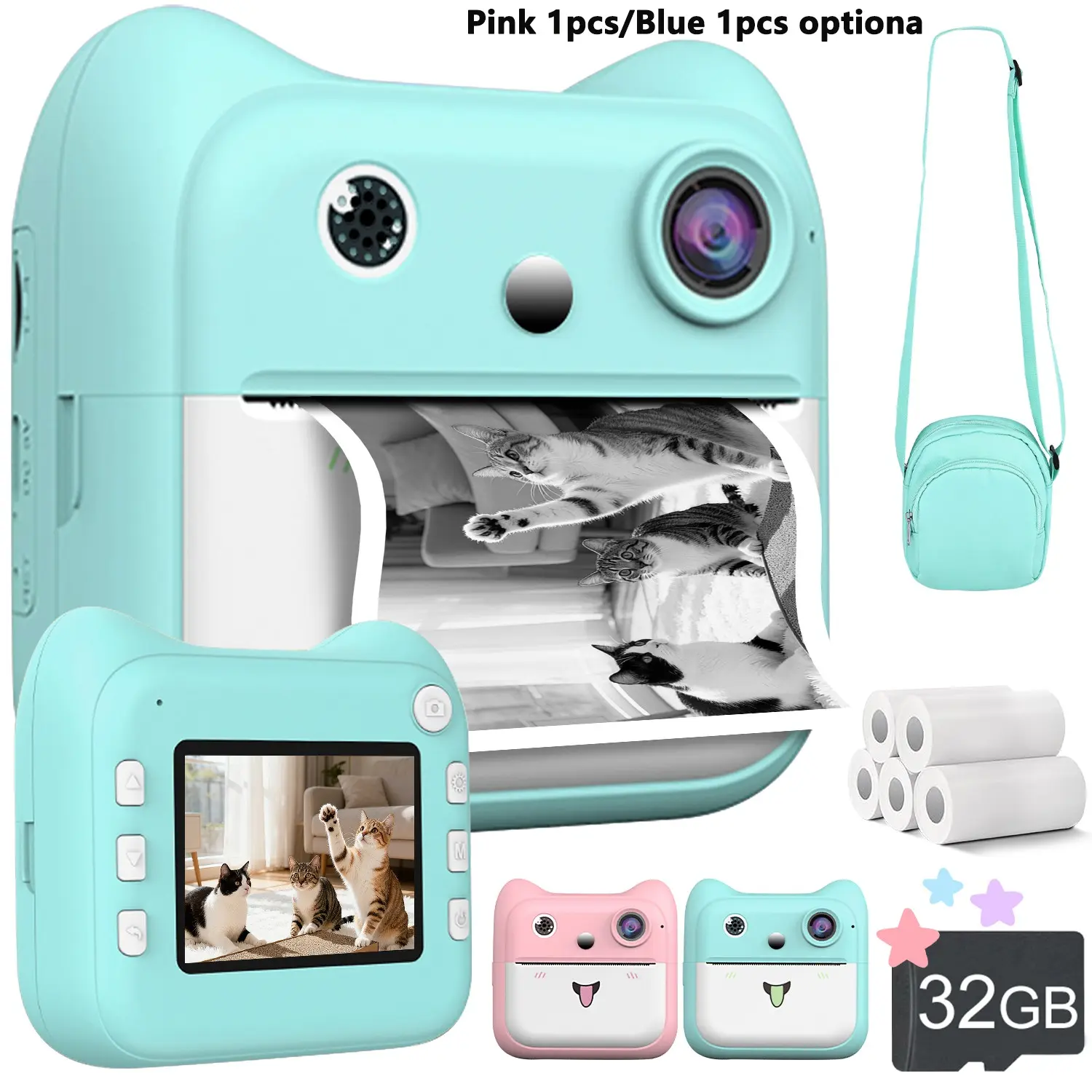 Kids Camera Instant Print, Mini 2.4'' Instant Camera for Kids with 32G Card & Print Photo Paper, 1080P Video Kids Digital Toy, Christmas Birthday Gifts for Boys Age 3-12 Years Old (Blue/Pink) Digital Cameras