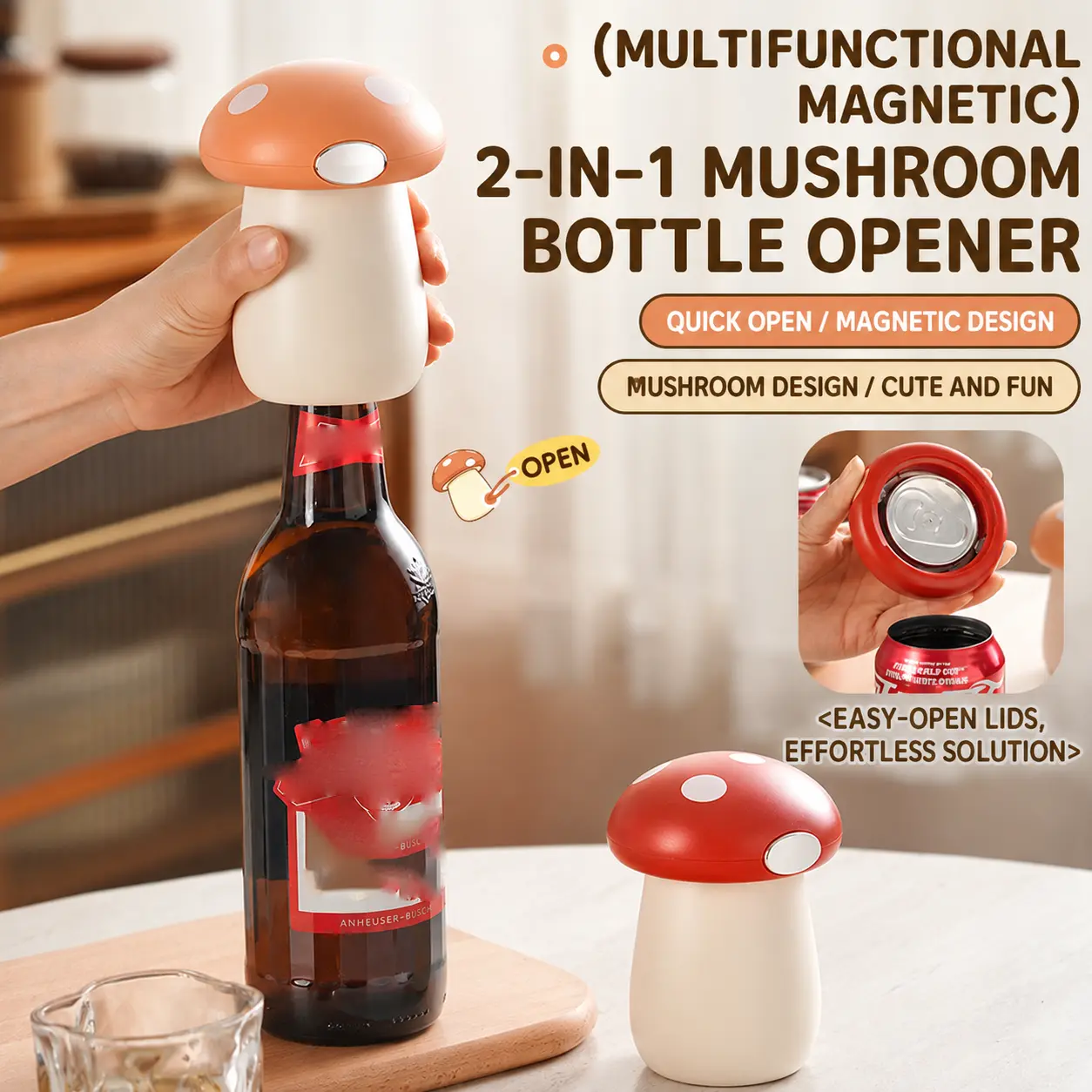 Cute Mushroom 2‑in‑1 Bottle Opener, Press‑Type Magnetic Beer & Soda Can Opener Creative Household Drink Lid Remover