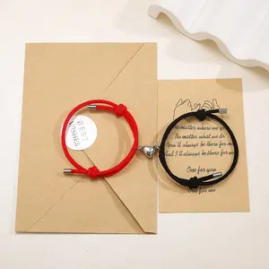 Simple Nylon Love Magnetic Bracelet - Adjustable 3mm Rope 14-26cm Length - Love Black & Red Pair Sticky Metal Heads - Envelope Jam Set