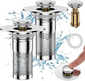 Upgrade Bathroom Sink Stopper HairCatcher, Universal Pop Up Sink Drain Filter withStainless Steel Filter Basket, Bathroom Sink Drain Strainer Brass Construction Rubber Shower