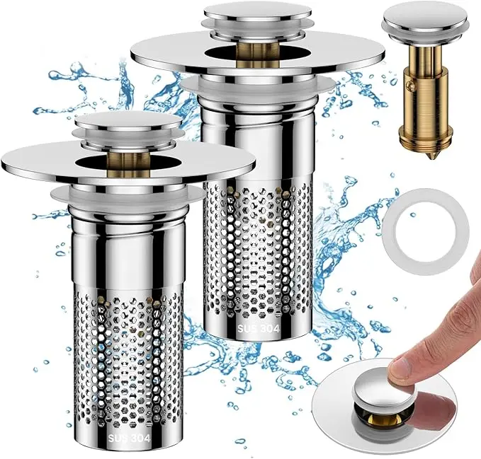 Upgrade Bathroom Sink Stopper HairCatcher, Universal Pop Up Sink Drain Filter withStainless Steel Filter Basket, Bathroom Sink Drain Strainer Brass Construction Rubber Shower