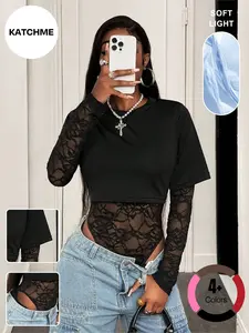 Katch Me Chic Women's Chic Round Neck Sheer Lace Long Sleeve Bodysuit, Breezy False 2-Piece Style Quick-Drying Shapewear