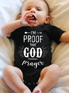 Unisex Short Sleeve Eco-Print Soft Cotton Onesie, Christian Faith Slogan "Baby I'm Proof That God Answers Prayer" Newborn Bodysuit, Perfect Baptism & Baby Shower Gift, Baby Items, Newborn Baby Stuff