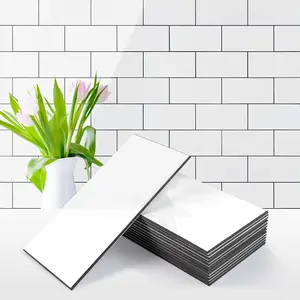100- Glossy Pure White Peel and Stick Backsplash ,3''x6'' PVC Subway  with Dark Gray Grout,Stick  Backsplash for Kitchen/Bathroom/Fireplace