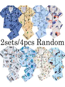 Random 2 Sets Boys' Comfortable Sleepwear, Long Sleeve Pajamas Set, Soft Fabric Home Wear for Ages 1-8, Casual Sleeping Clothes