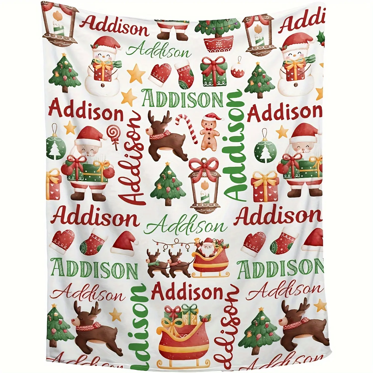 Customizable Christmas Santa-Reindeer Pattern Soft Flannel Throw Blanket - Personalized Name Lightweight Plush Throws for Sofa, Bed - Machine Washable, All-Season Digital Print 200-250gsm Polyester Fleece Blanket